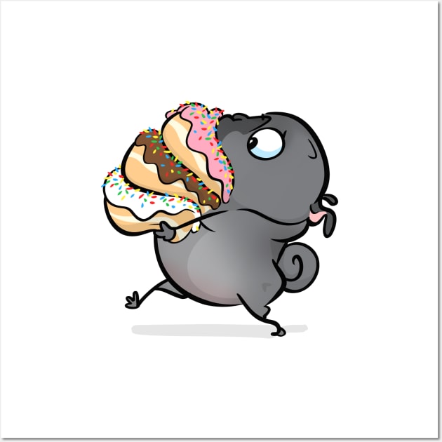 Donut Dash (black pug) Wall Art by Inkpug